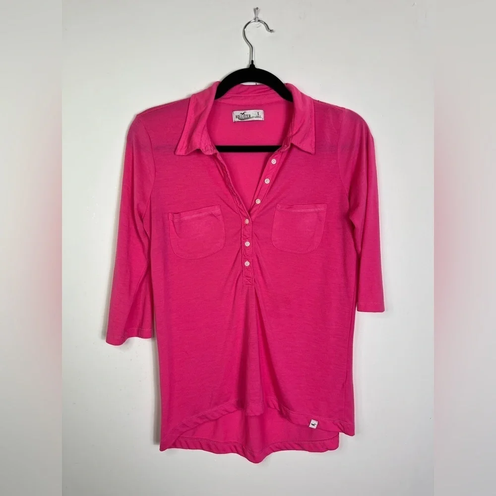 Vintage Hollister Hot Pink 3/4 Sleeve Henley Polo Top Size Small Y2K Preppy